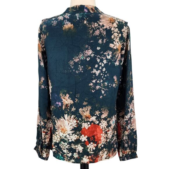 Tolani Silk Top Teal White Daisy Photo Print Keyhole Neck Ruffle Shoulder - Picture 4 of 8